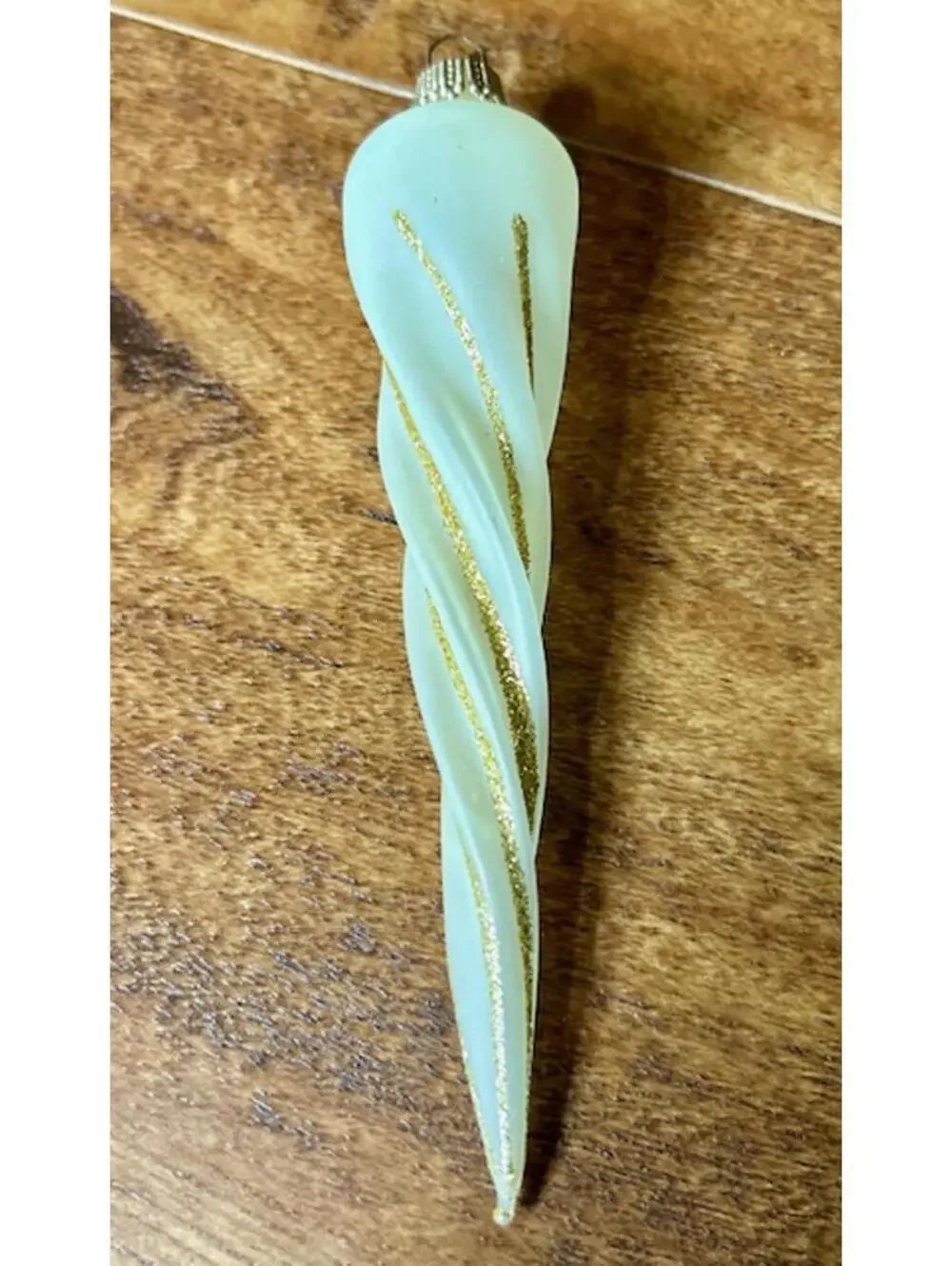 Set of 4 Vintage White Glass Icicle Christmas Ornaments with Gold Glitter Swirls